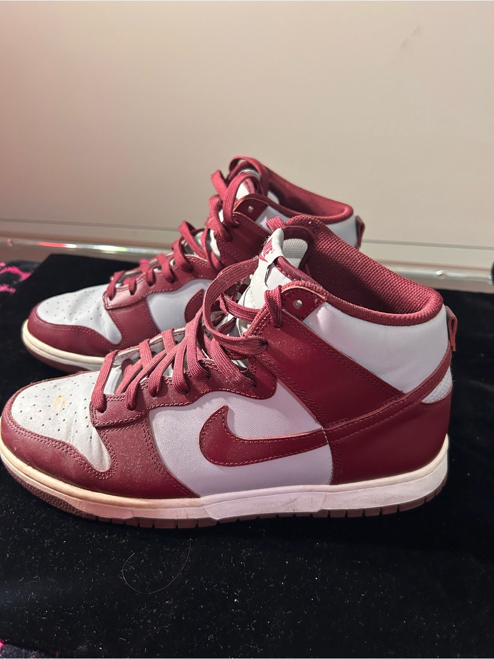 Nike Dunks Maroon and White High-Top Sneakers